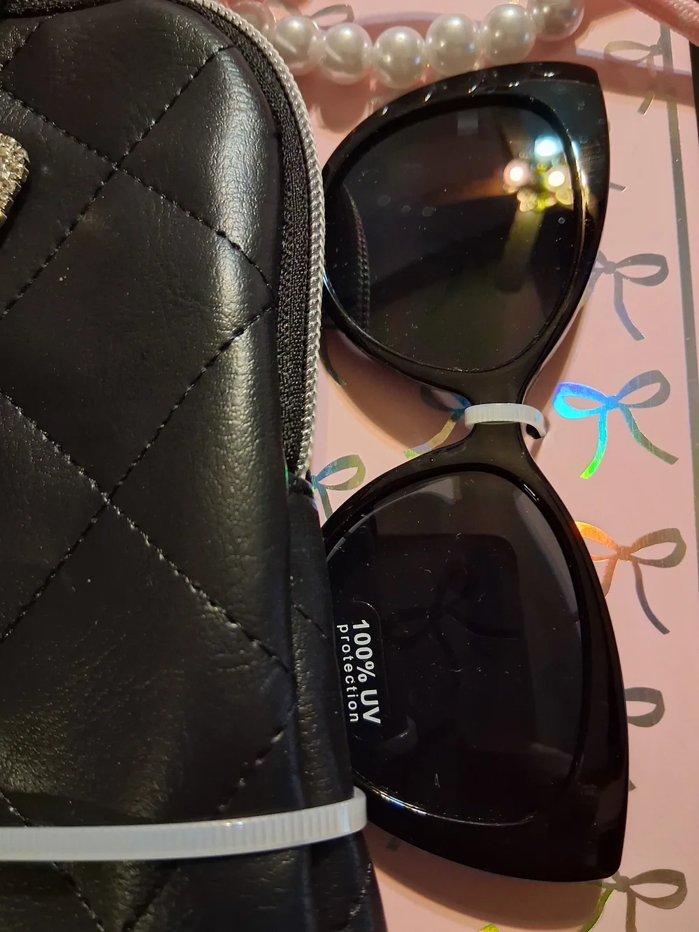 Miss Gwen's OMG Kids Pink Bow Sunglasses Set with Black Quilted Case. 3+